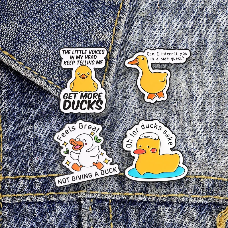 Funny Duck Slogan Enamel Badges Not Giving A Duck Side Quest Pins Humor Quote Metal Brooches Lapel Pin Set Gift