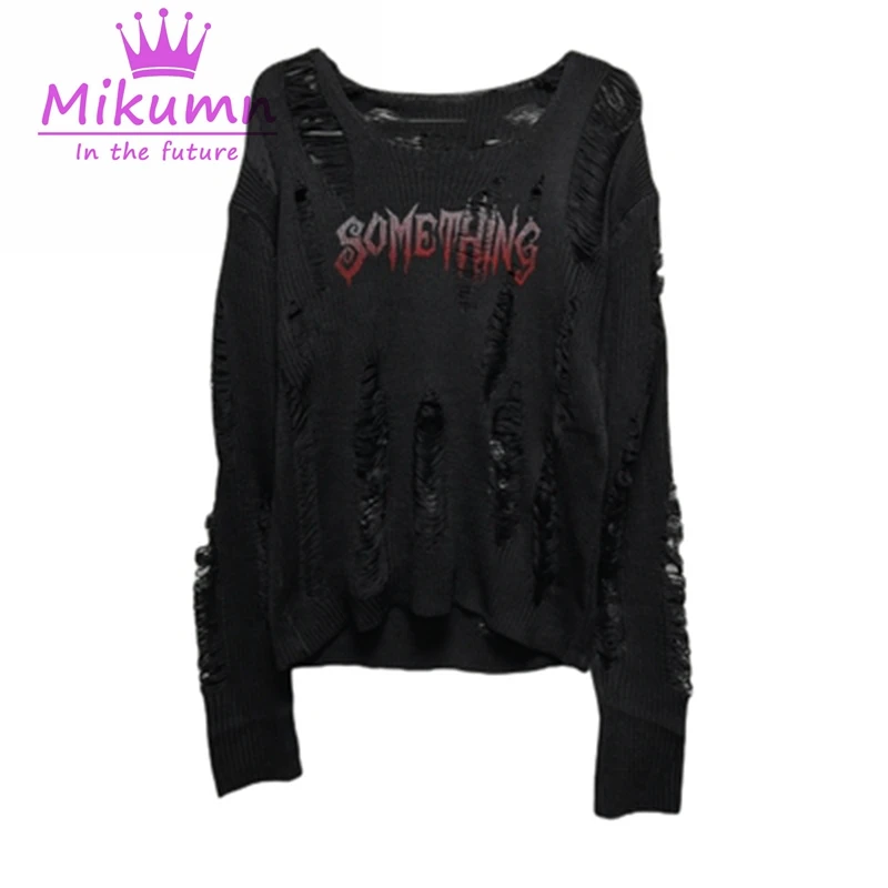 Y2K Grunge Knitted Sweater Women Gothic Punk Knitted Jumper Hole Hollow Out Letter Print Loose Pullover Emo Alt Knitwear