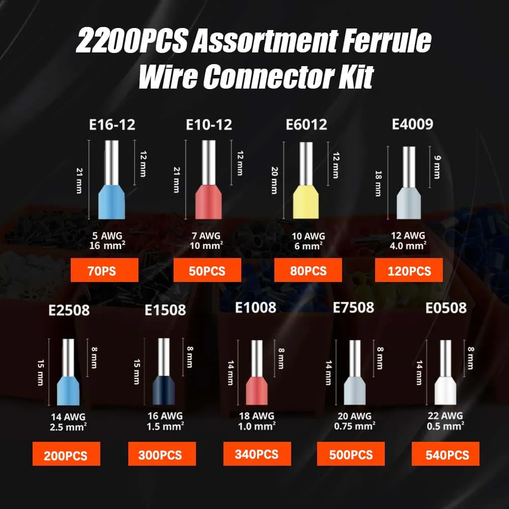 2200PCS Ferrule Crimping Tool Kit –AWG30-5 Self-Adjusting Wire Ferrule Crimper with Wire Ferrules Connectors for Electrical Work