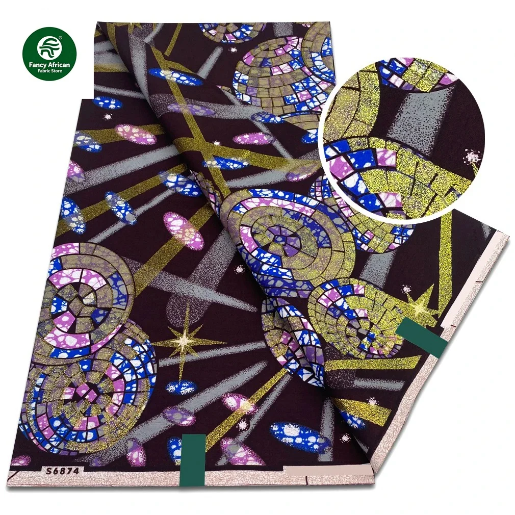 African Grand 100% Cotton Super New Glitter Glam Wax Fabric Ankara Wax Print Fabric Soft Real Wax Glitter Golden Fabric 6 yards