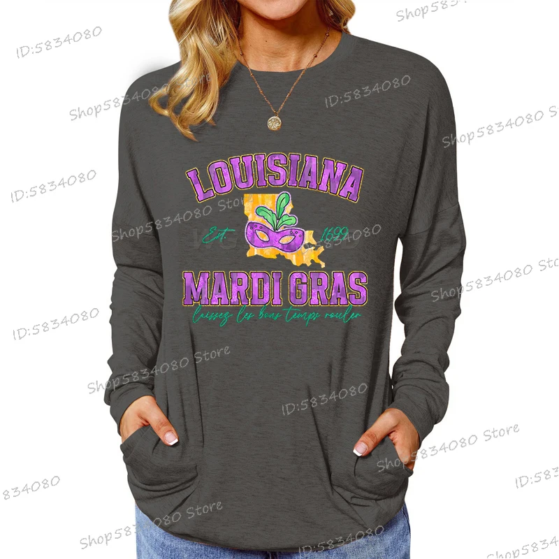 LOUISIANA MARDI GRAS Women T Shirt Long Sleeve Funny Festival Mask Print Tshirt Ladies New Orleans Creative Mardi-Gras Tees