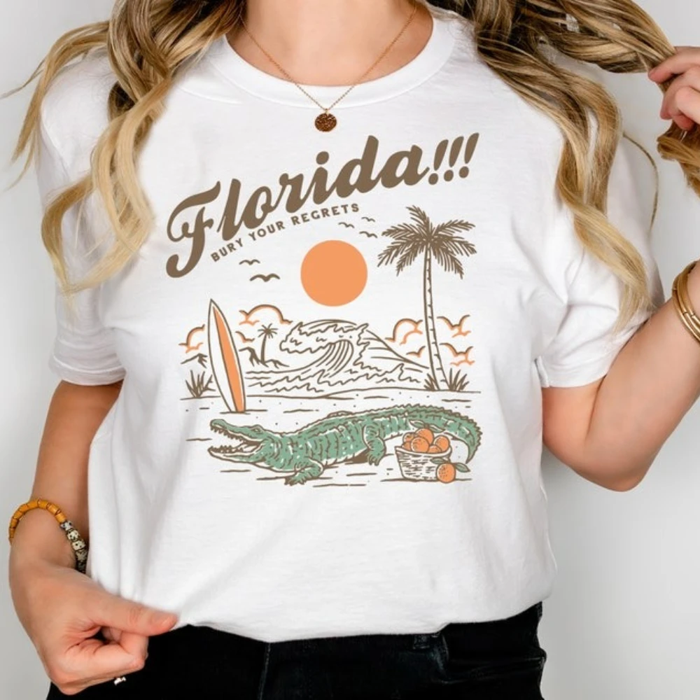 Funny Florida Bury Your Regrets Graphic TShirt Summer Vacation Women Cotton Short Sleeve Florida Getaway Casual Daily Outfit