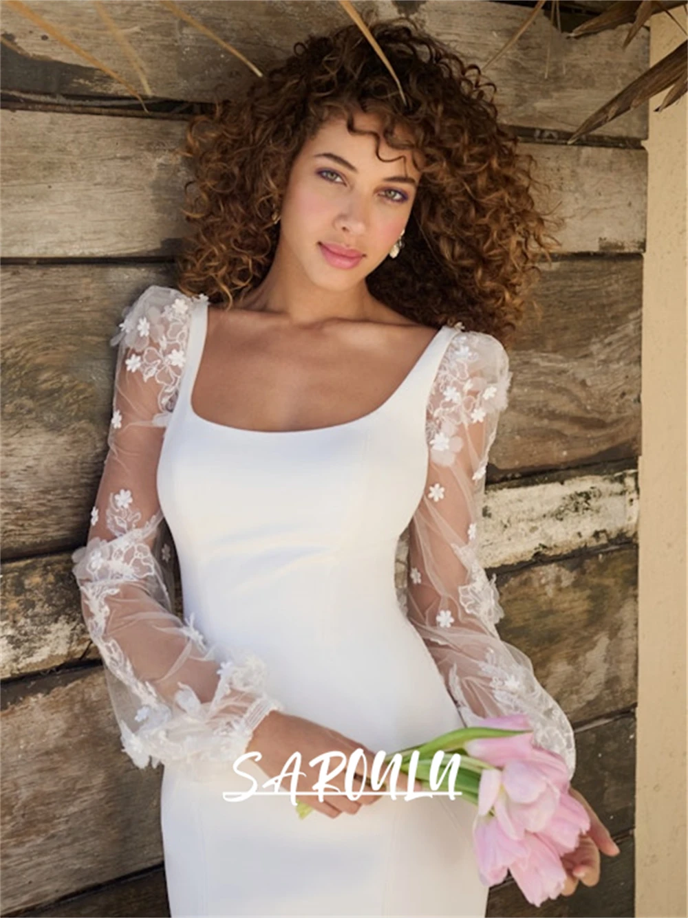 illusion Back Mermaid Wedding Dress With Off Shoulder Sleeves, Lace Tulle Bride Dress, Customizable Women Bridal Gown