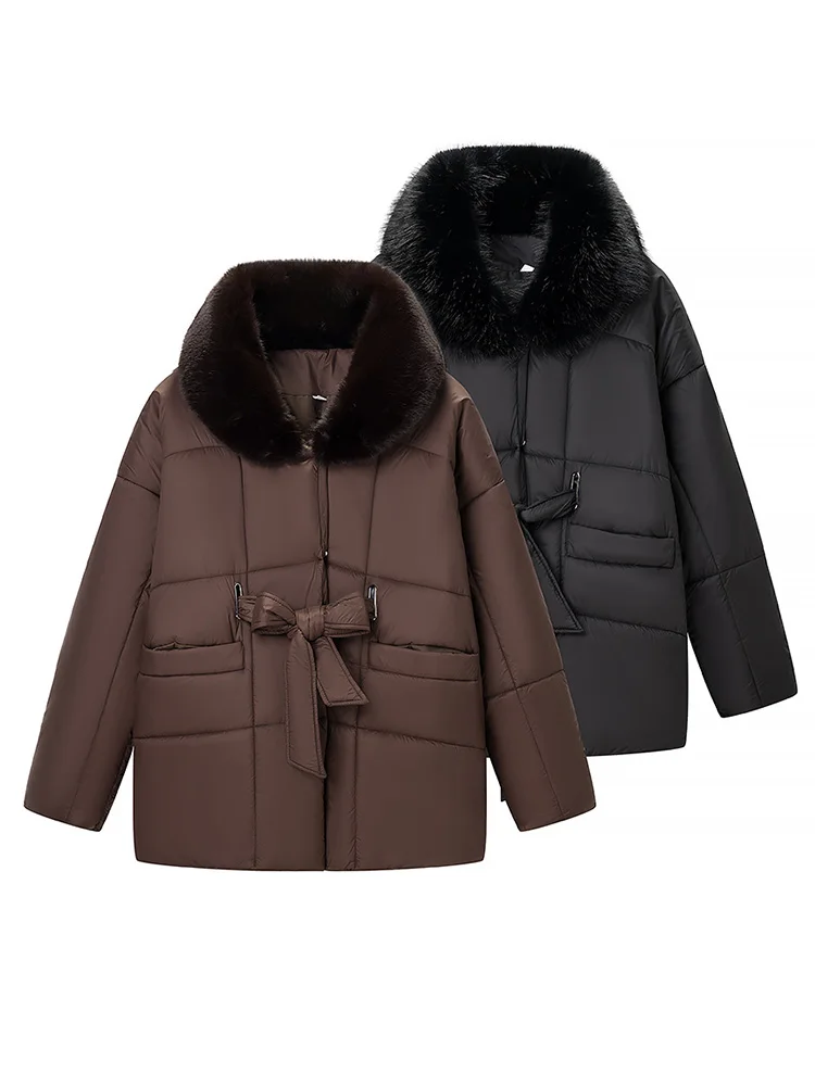 HH Vrouwen Winter Verdikte Katoenen Kleding Riem Zak Decoratie Nepbontkraag Lange Mouwen Mode Vrouwelijke Casual Effen Jas