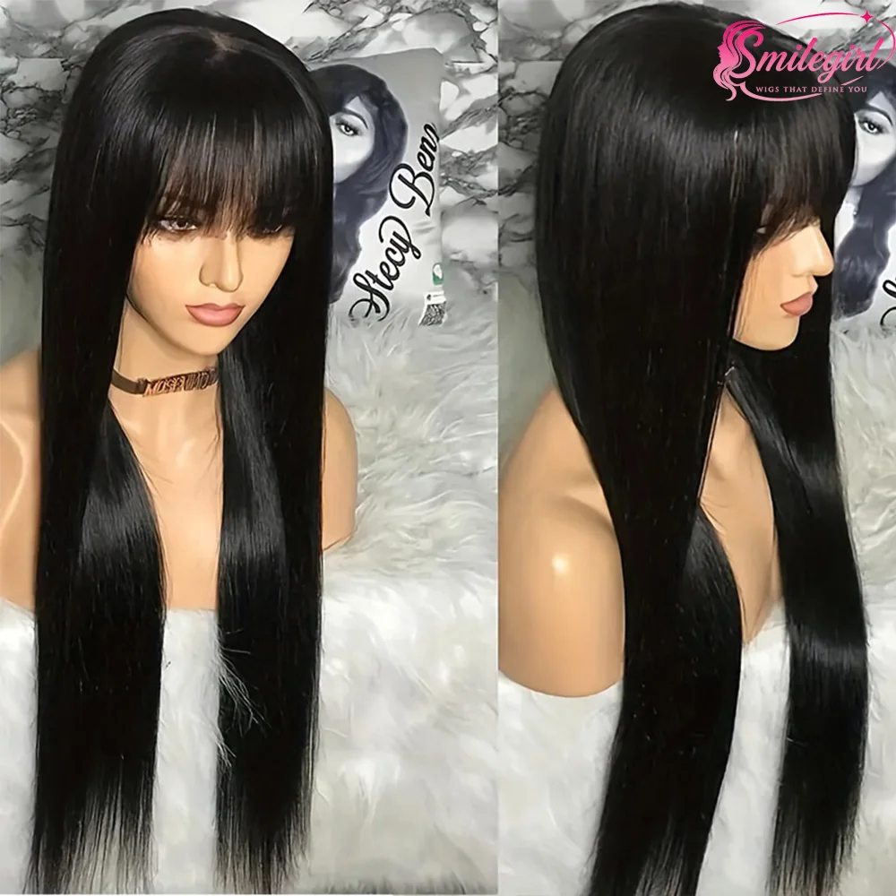 SMILEGIRL 3x1 Bone Straight Human Hair Wigs With Bangs Machine Band Wigs 220% Density 3x1 Frontal Human Hair Wigs For Black Women