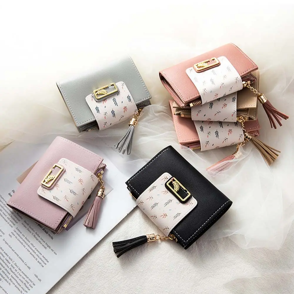 Sweet Simple Tassel Pendant Clutch Bag Leaf PU Leather Card Holders Small Coin Purse Women Wallets Korean Money Bag