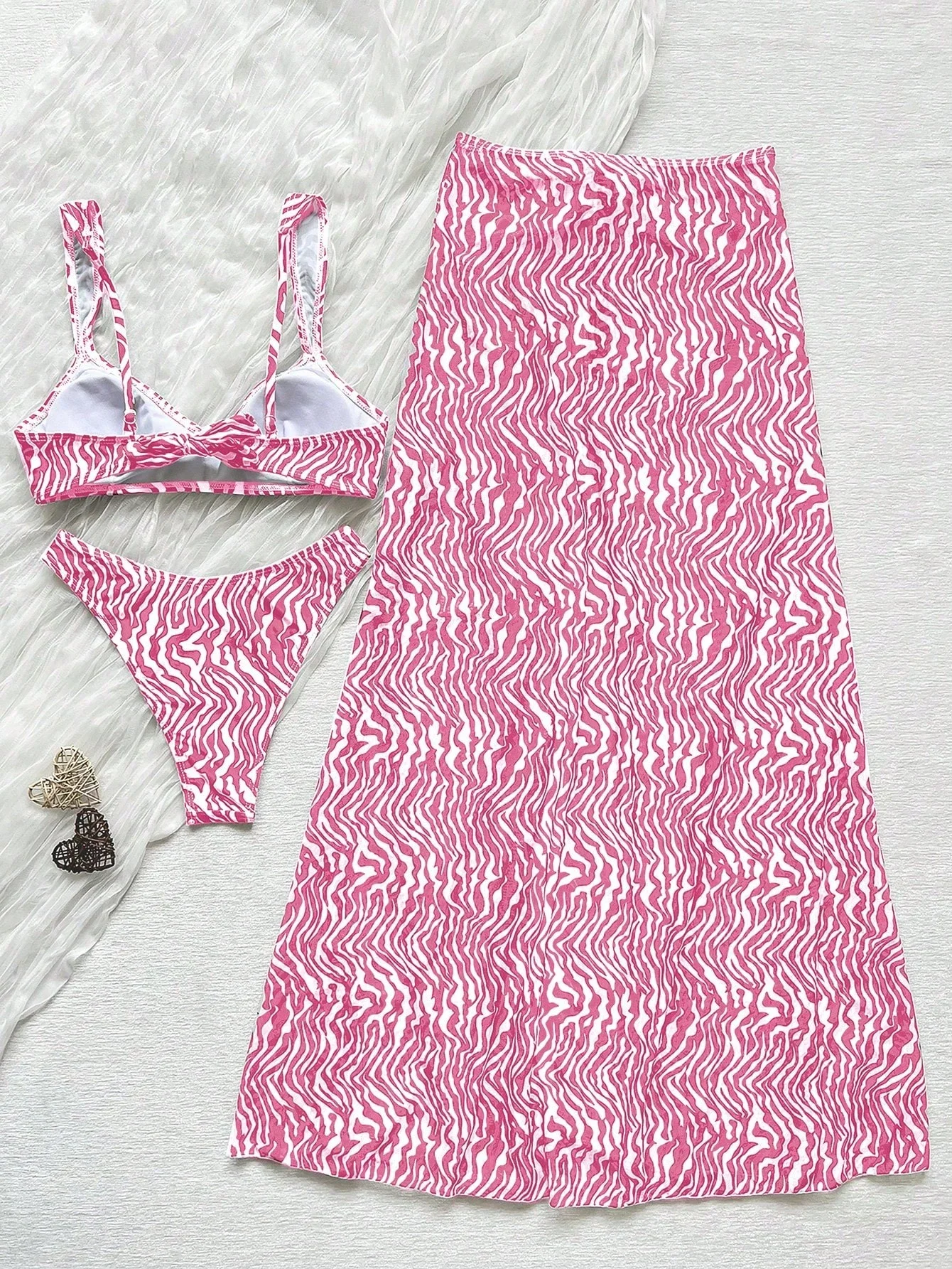 

Pink And White Zebra Pattern Two-Piece Set: Triangle Bikini Top With Adjustable Drawstring Skirt For Beach And Summer Wear