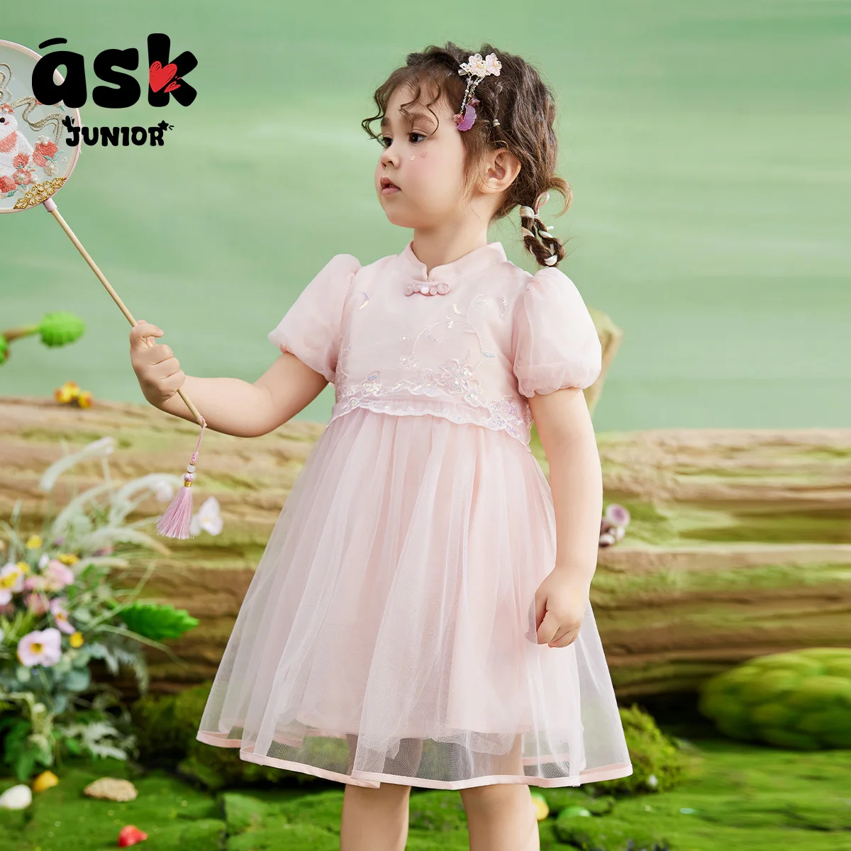 اسأل جونيور الفتيات الصغيرات الفتيات شبكة الصيف رقيقة لطيف الحلو برعم الأكمام النمط الوطني فستان الأميرة الصينية الجديدة #4