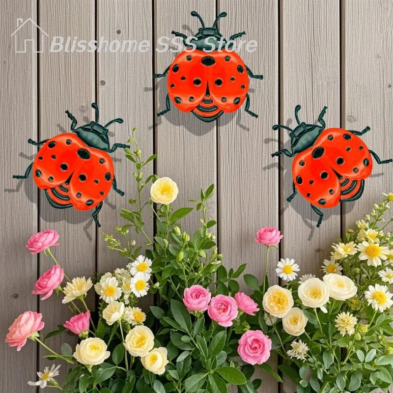【S】1/3pcs Iron Bees Ladybugs Butterflies Wall Decor Colorful Garden Decorative Ornament Piece Outdoor Indoor Metal Craft