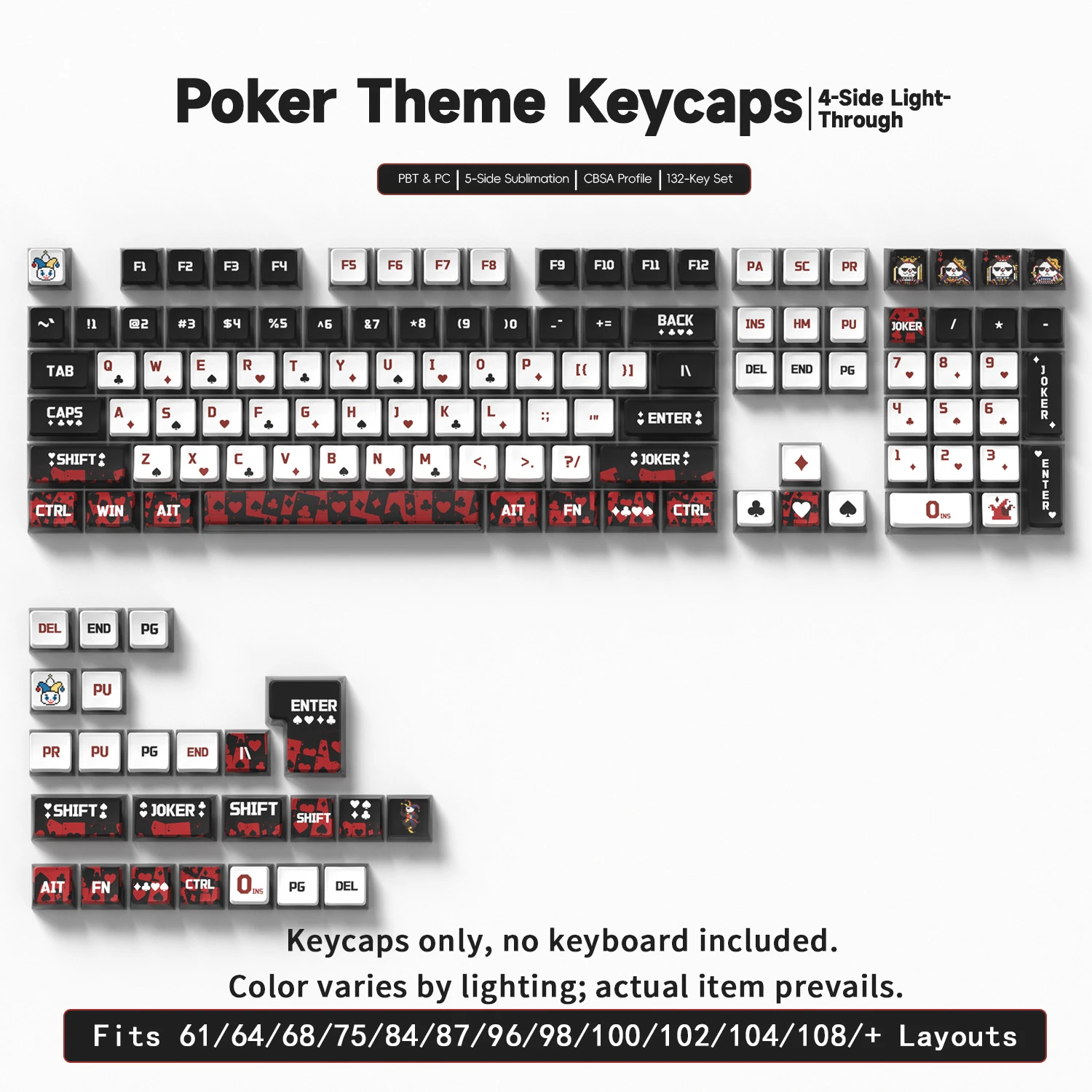 Poker Four-Sided Backlight Keycaps 132 Keys PBT+PC Material CBSA Profile For MX Switch Mechanical Keyboard ISO ANSI Layout