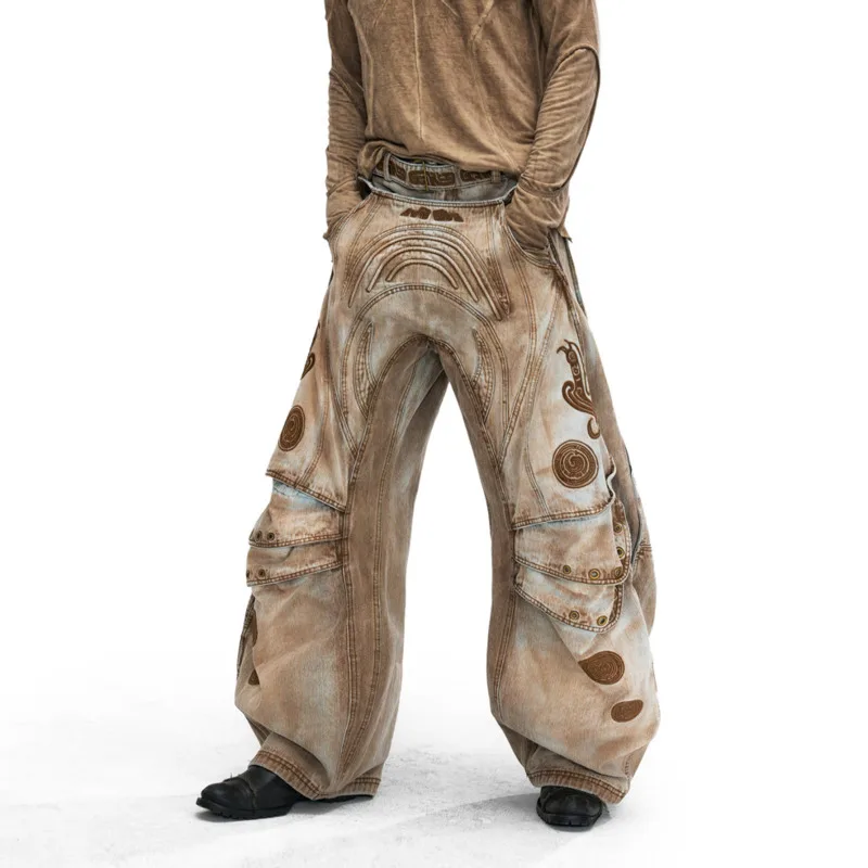 HKSH Spring Autumn New Men Tide Punk Waste Land Style Bird Pattern Three-Dimensional Structure Jeans Flared Denim Pants HK25593