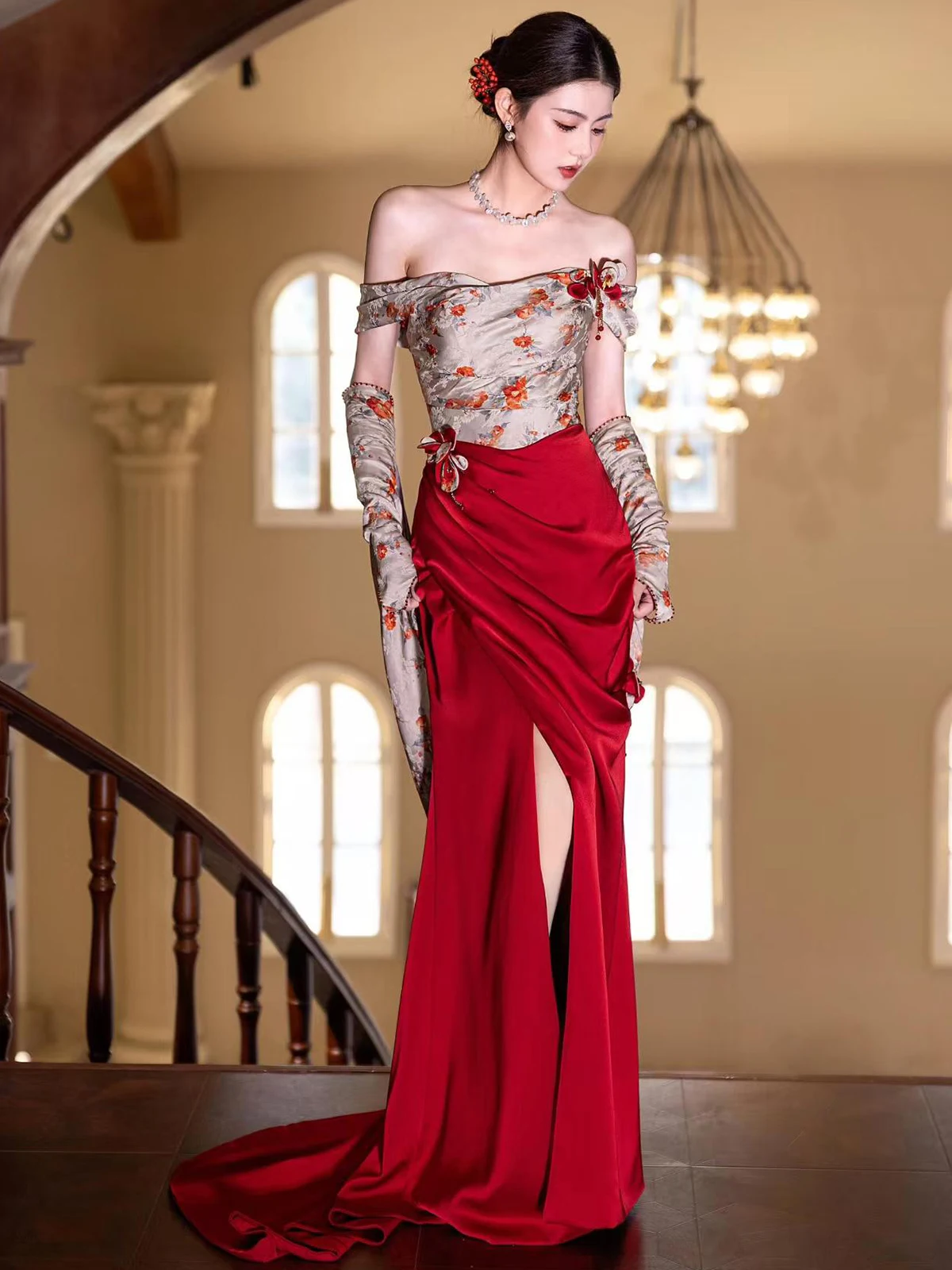 

Новый китайский утренний халат для женщин, модель 2026 года, высококачественный, на одно плечо, для невесты, свадебный, винно-красный, ретро-костюм для тостов