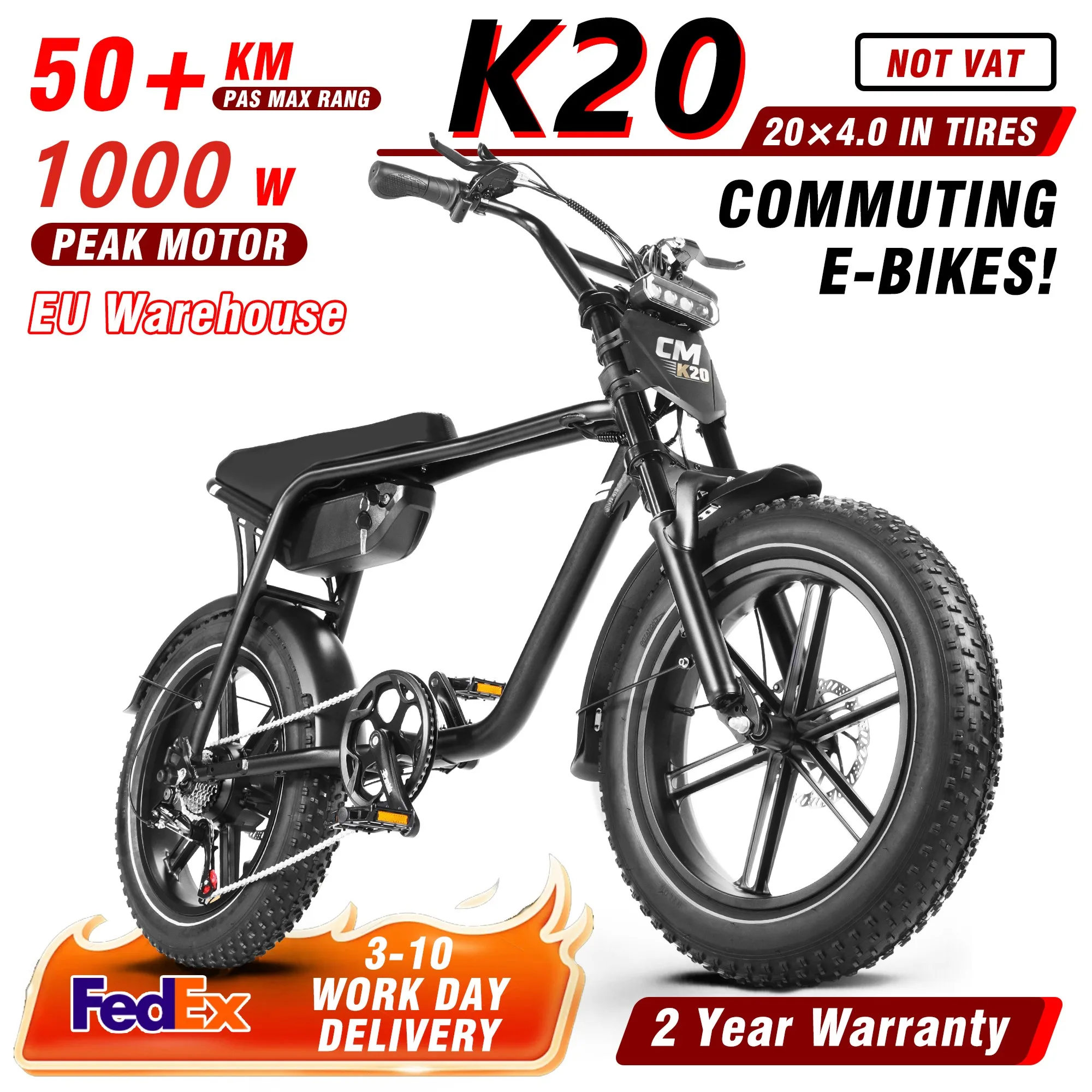 Vélo électrique CMACEWHEEL K20 eBIKE Peak 1000W, 48V15Ah, pneus larges, 20 pouces, VTT électrique pour adultes