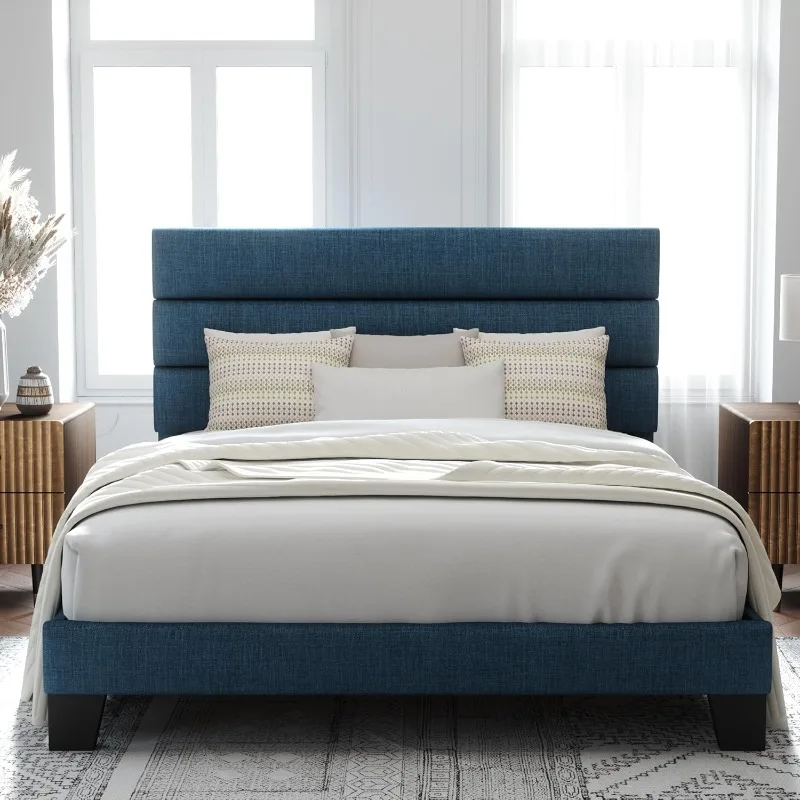 Queen Size Platform Bed Frame with Fabric Upholstered Headboard and Wooden Slats Support, Fully Upholstered Mattress Foundation