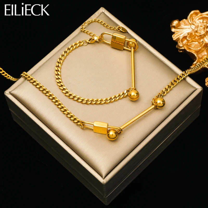 EILIECK 316L Stainless Steel Gold Color Lock Beads Necklace Bracelet For Women Girl Fashion Non-fading Jewelry Set Gift Bijoux