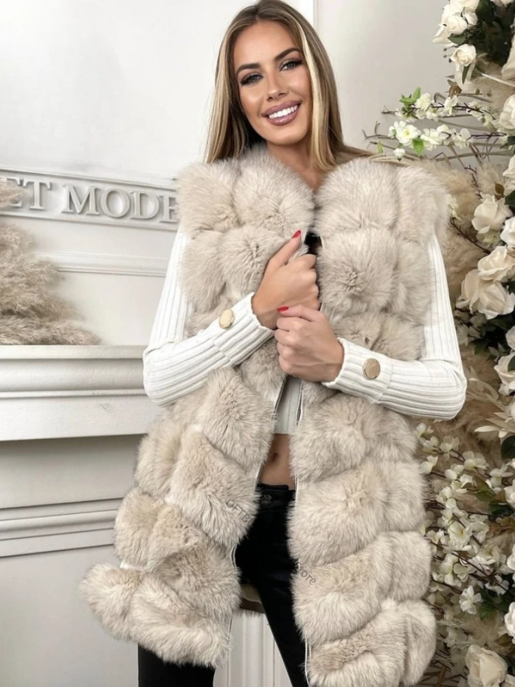 OFTBUY Natural Fox Fur Jacket Winter Warmer Waistcoat Real Fox Fur Vest Women Sleeveless Real Fur Coat Thick Warm Street Wear