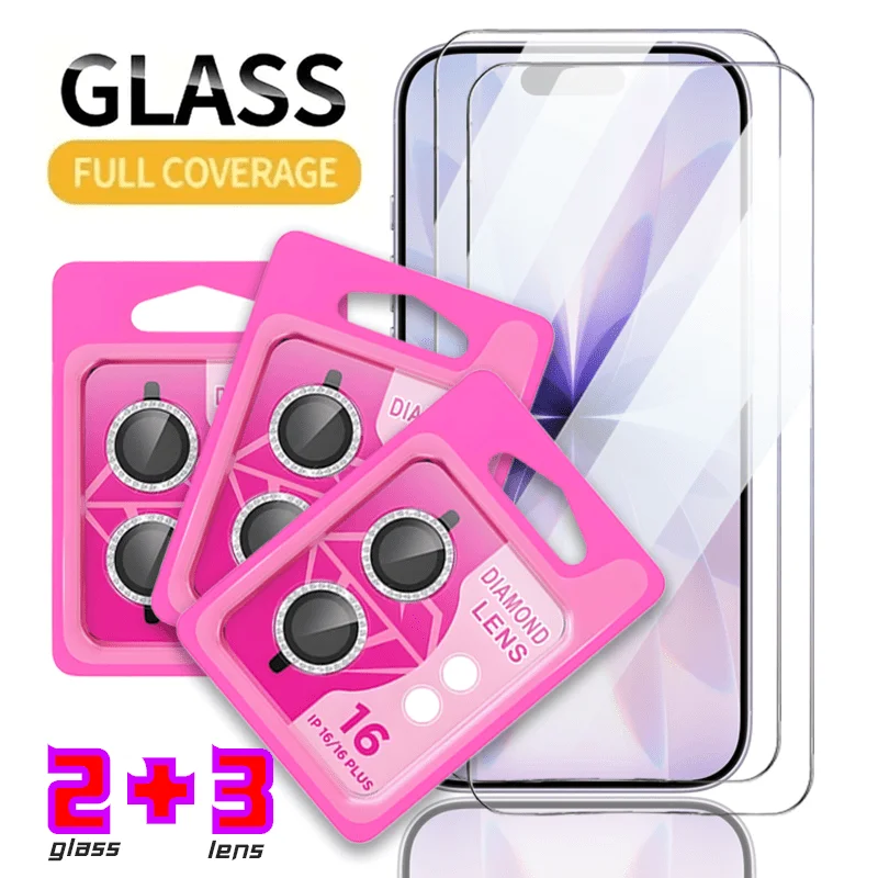 

2+3Pack for iPhone 17/16/15/14/13 Pro Max HD Screen Protector + Silver Rhinestone Camera Lens Protective Film - Ultra Protection