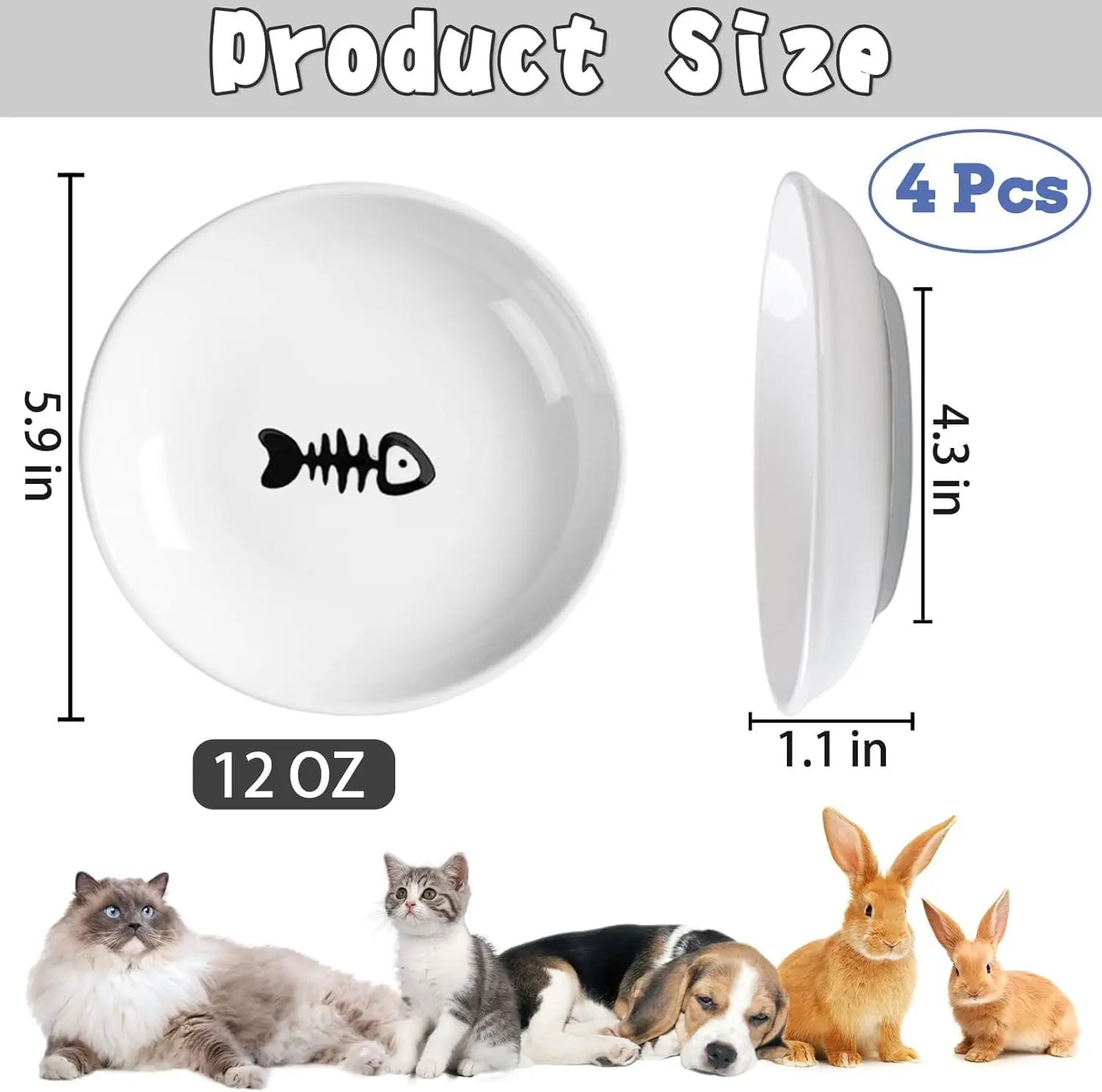 4 Pcs Cat Food Bowls with Non-Slip Silicone Bottom Shallow Ceramic Cat Bowl Whisker Fatigue Pet Dry/Wet Food Dishes Set f