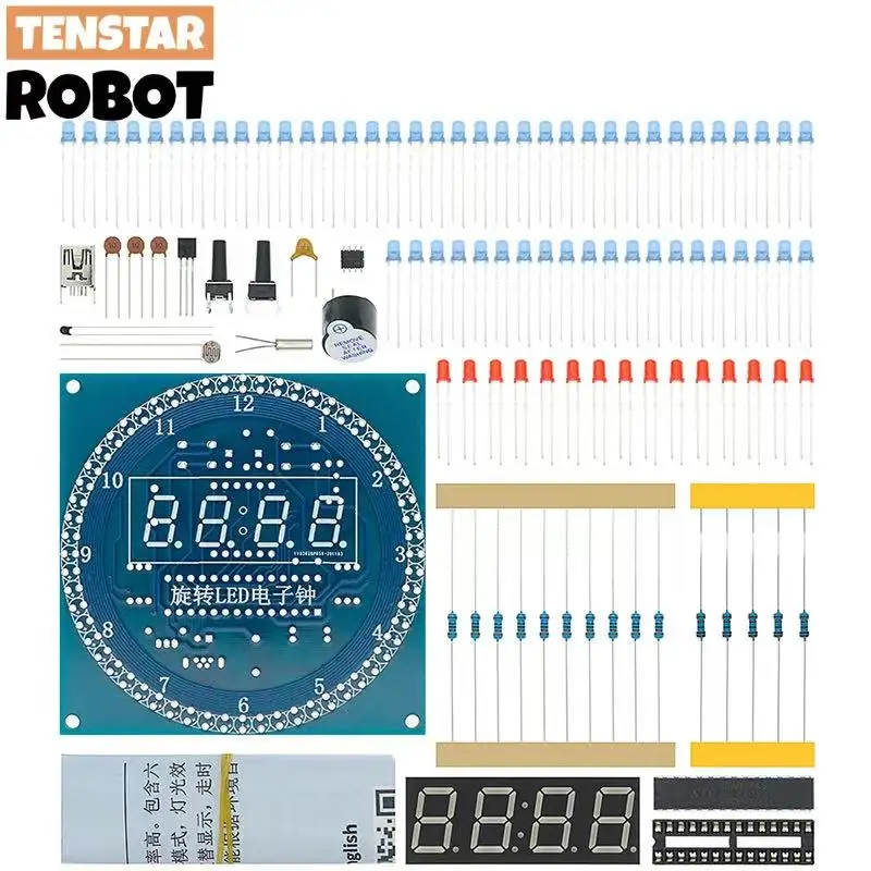 TENSTAR DS1302 DIY rotierendes digitales LED-Anzeigemodul STC15W408AS Elektronisches Digitaluhr-Kit 51 SCM-Lernboard