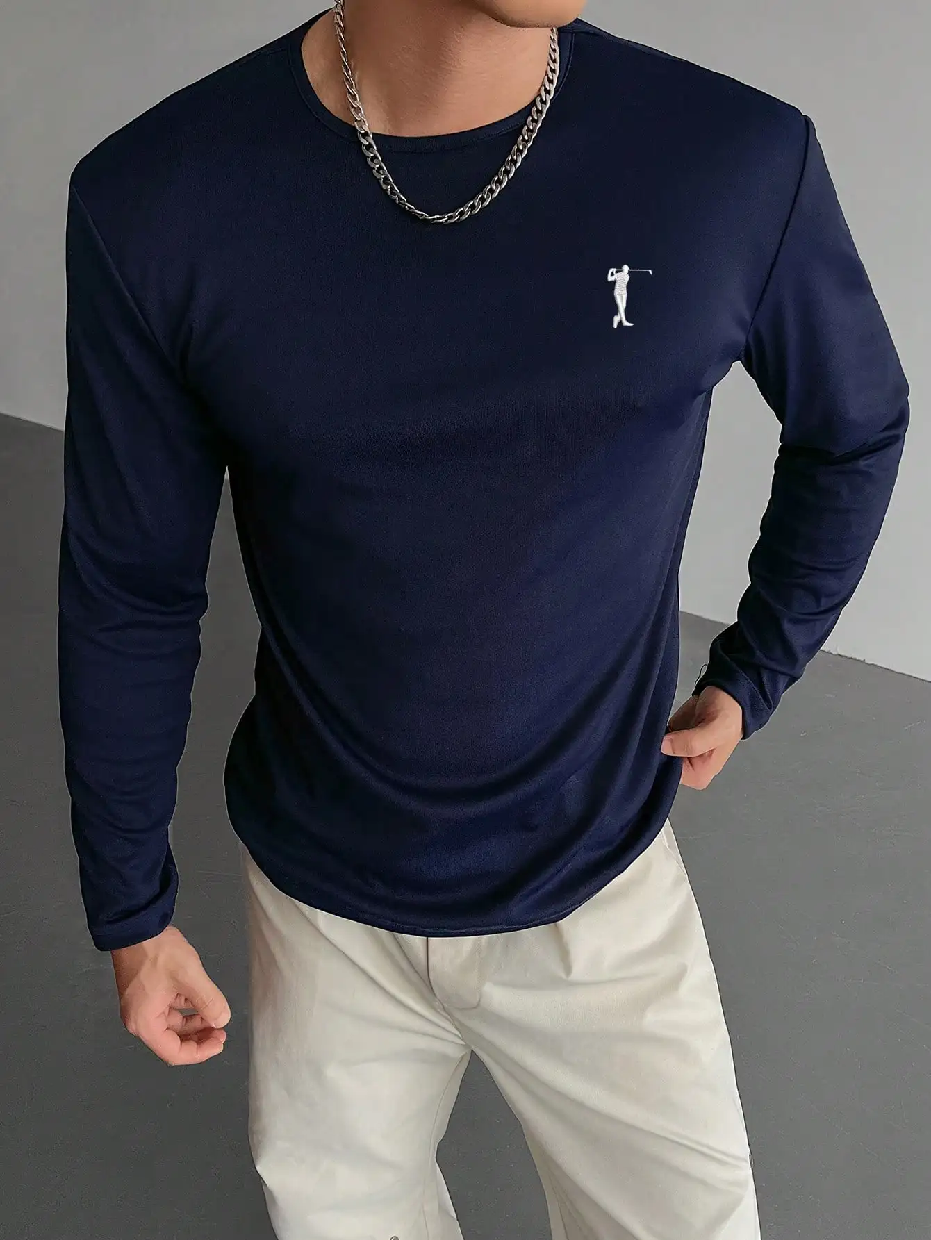 Men's Youthful Casual Embroidered Long-Sleeve T-Shirt Fitted Workout-Ready Ribbed Fabric Long-Sleeve Fall/Winter Fitted Base Lay