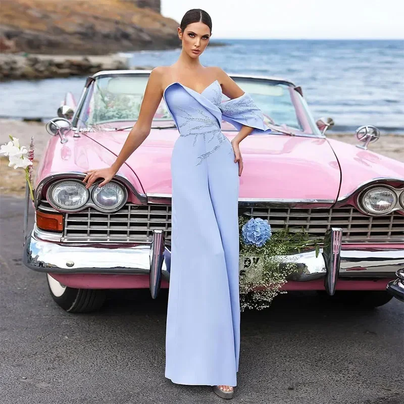 

Customized 2024 Fashion Light Sky Blue Jumpsuits Prom Dress Sweetheart Neck Evening Gowns With Pants Appliqued Special Occasion