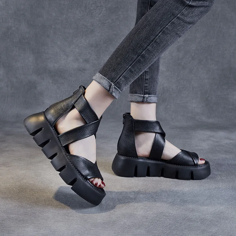 

Handmade Retro Sandals Women Summer 2024 Cross Genuine Cow Leather Wedges Platform Gladiator Sandals Women Cool Boots Plus Size