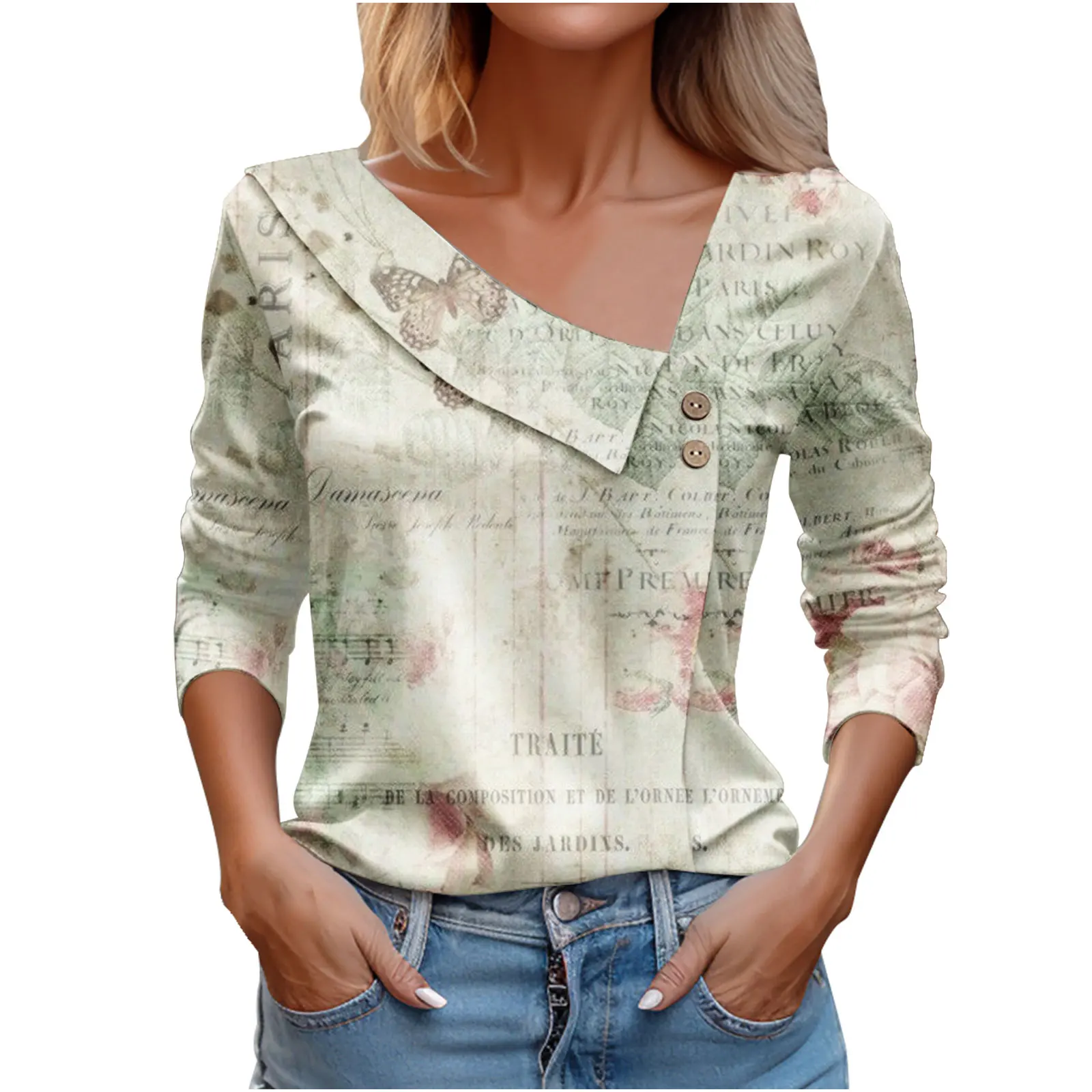 2024 Autumn Long Sleeve T Shirt Elegant Women Tops Geometry Print Casual Shirt For Women T-shirt Office Top Femme