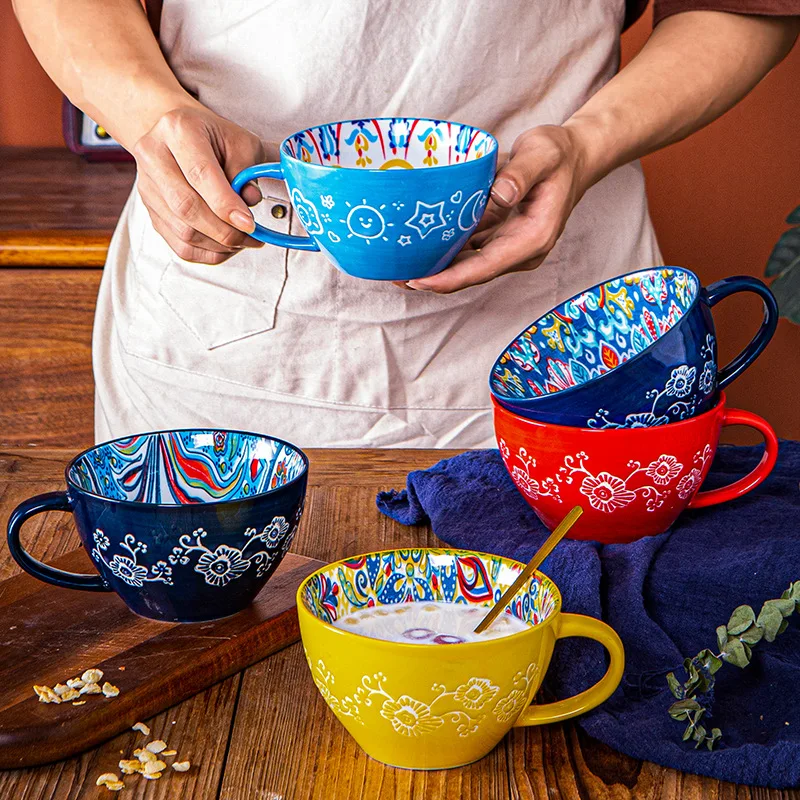 Bohemian Ceramic Mugs for Home Decor, Large Capacity, Breakfast, Cereal, Milk, Breakfast, Oatmeal Bowl, Household Drinkware