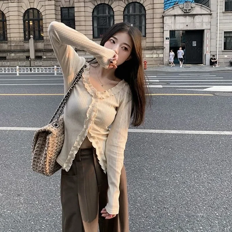 Spring Autumn New Style Slimming French Elegant Tweed Long Sleeve T-Shirt Pure Desire Cardigan Stylish Shirt Top V-Neck