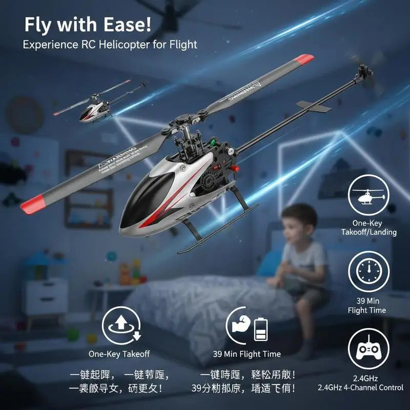 Remote Control Aircraft 10 Inch For Backyard Indoor Park, 4-Channel Gyro Stabilization 39-Minute Battery Life Altitude Hold Single Propeller 2.4GHz Wireless Beginner Toy For Kids Age 8+ view 4