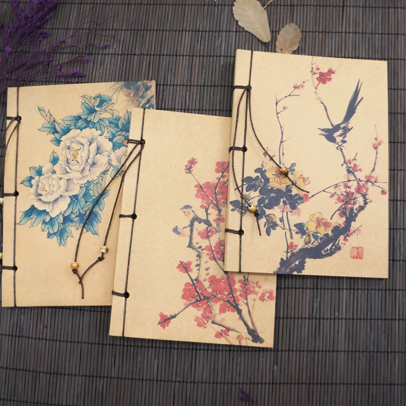 Handmade Thread Bound Notebook 32K, Vintage Blank Ancient Style Journal, Ink Peony Chinese Painting Desktop Decor Gift