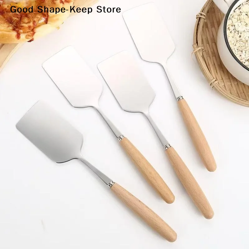 1PC Stainless Steel Square Head Steak Cooking Spatula Wood Handle Pizza Shovel Pancake Beef Scraper BBQ Utensils For Kitchen