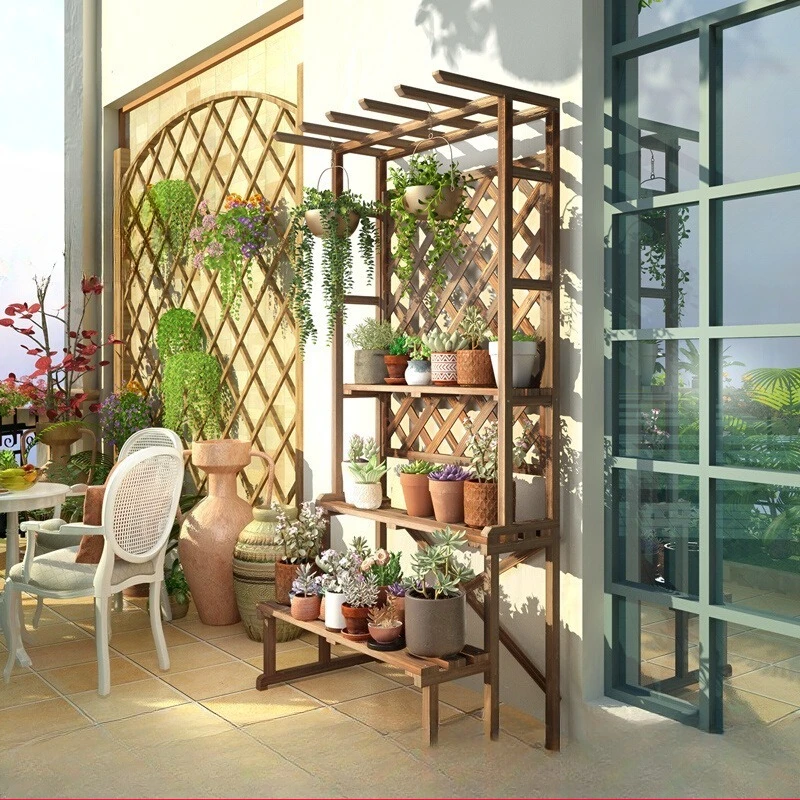 

Anticorrosive wood courtyard balcony flower stand shelf Solid wood floor-to-ceiling multi-layer flower stand Outdoor flower pot