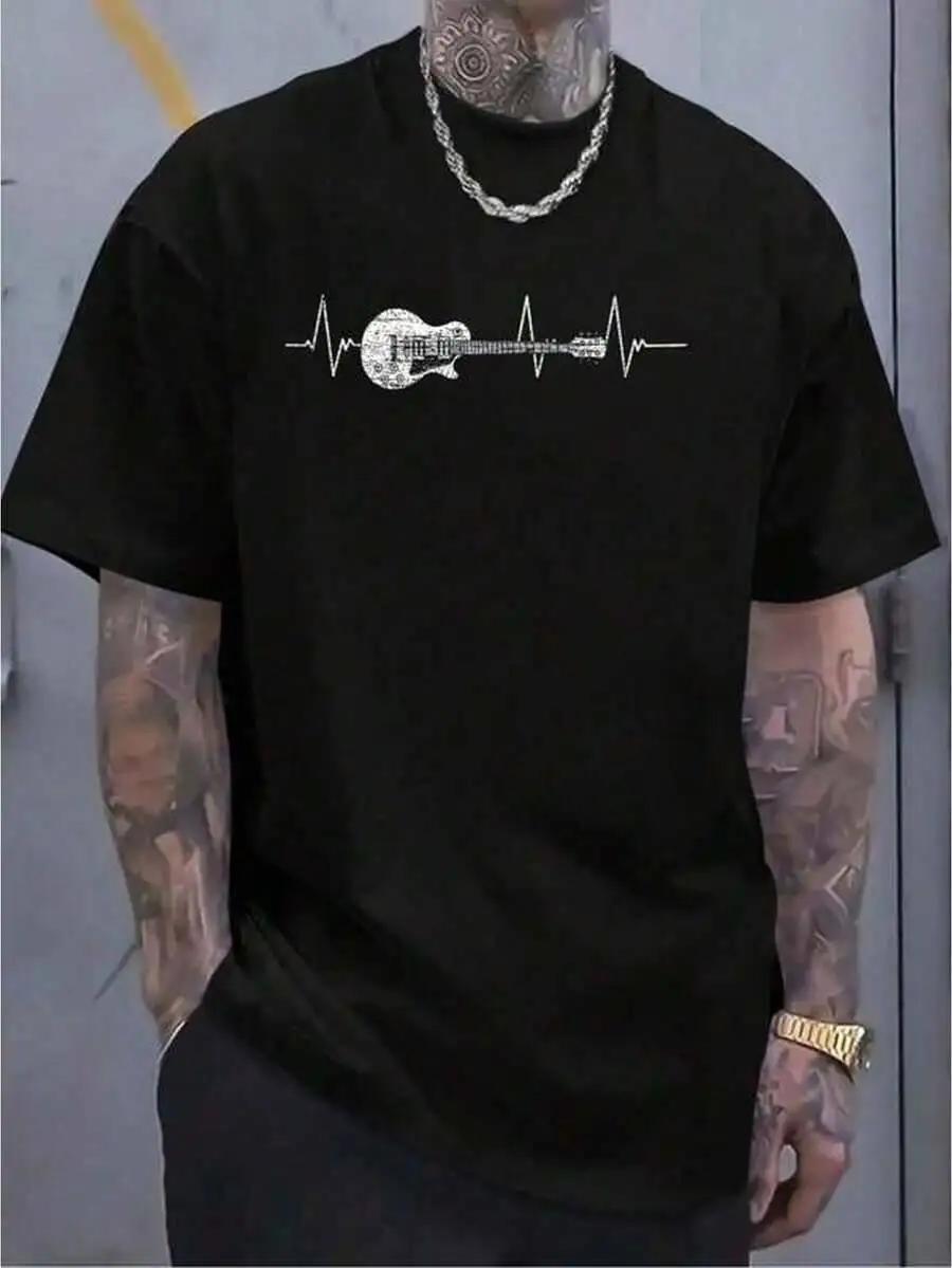 1Pc Mens Clothes Guitar Heartbeat Print Black Tshirt, Unisex Casual Crew Neck Tshirt, Plus Size Men's Clothing 5XL, Lightweight 100% Cotton Trendy Y2K Short-Sleeve Tee-Soft, Quick-Drying, Moisture-Wicking;  Great Gift for Christmas or Halloween