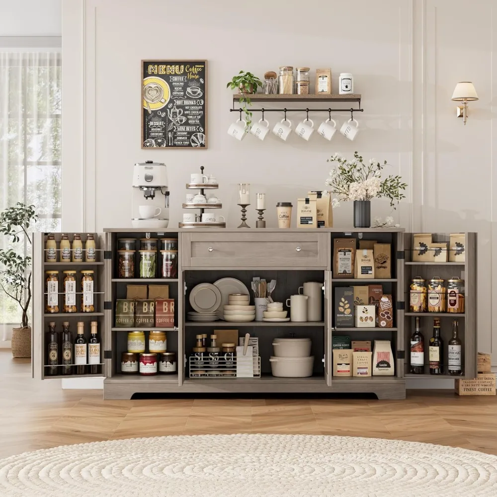 خزانة بوفيه مقاس 54 بوصة مع مساحة تخزين، وخزانة جانبية للمطبخ الحديث مع درج، ومحطة بار قهوة خشبية مع أرفف قابلة للتعديل #1