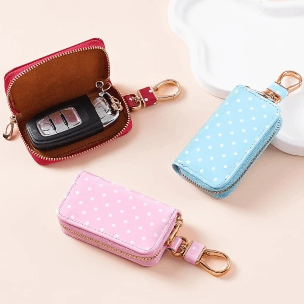 Durable Polka Dot Key Pouch Metal Clasp Pu Leather Zipper Key Protection Cover Compact Water Resistant Small Wallet Daily