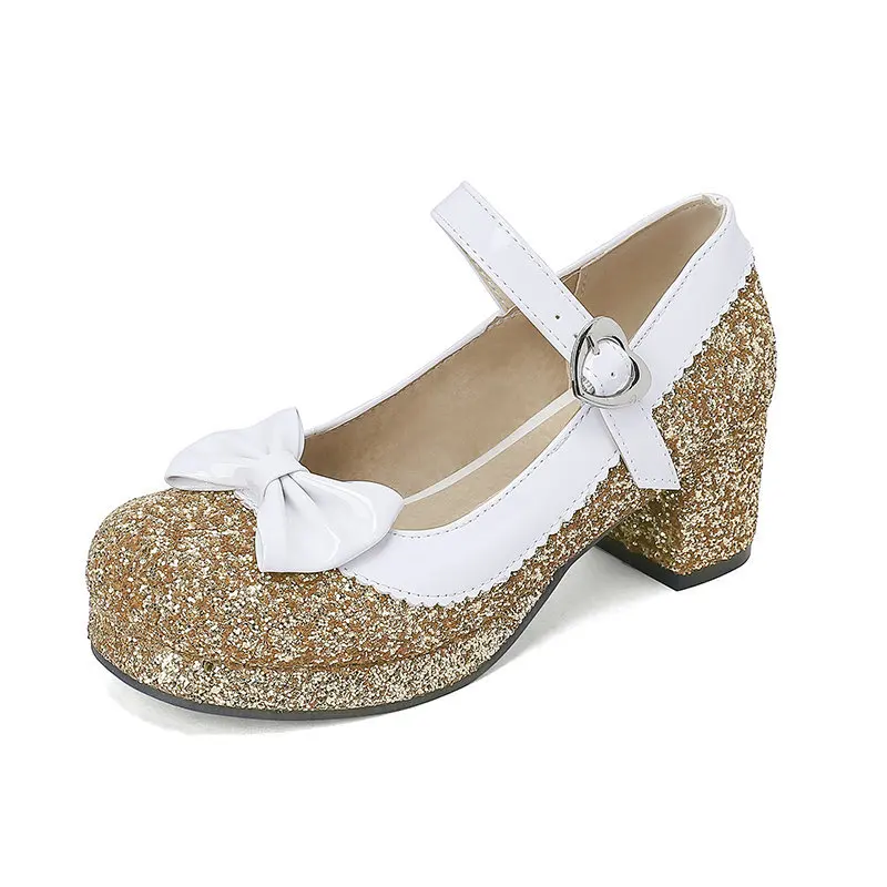 Sparkling Lolita Shoes Mary Jane Pumps Chunky Heels Sequin Sweet Bow Cosplay Walkwear for Daily Dressing Up