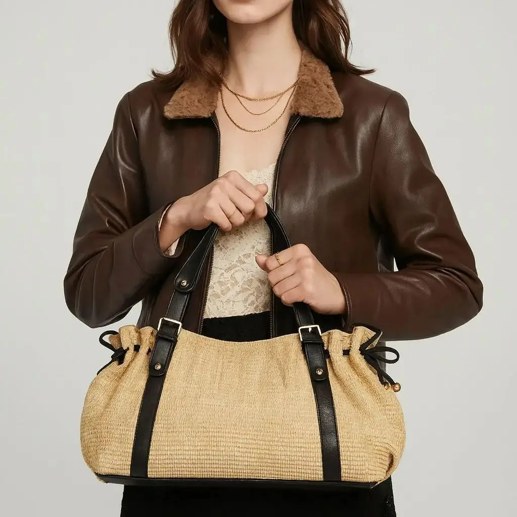Women's Large Capacity Folded Drawstring Straw Tote Bag Woven Handbag for Beach Vacation Summer Holiday Basket 2026 New