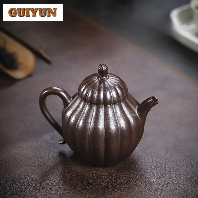 200ml Yixing Purple Clay Teapots Handmade Rhombus Flower Pot Raw Ore Gold Sand Purple Mud Kettle With Infuser Zisha Tea Set Gift