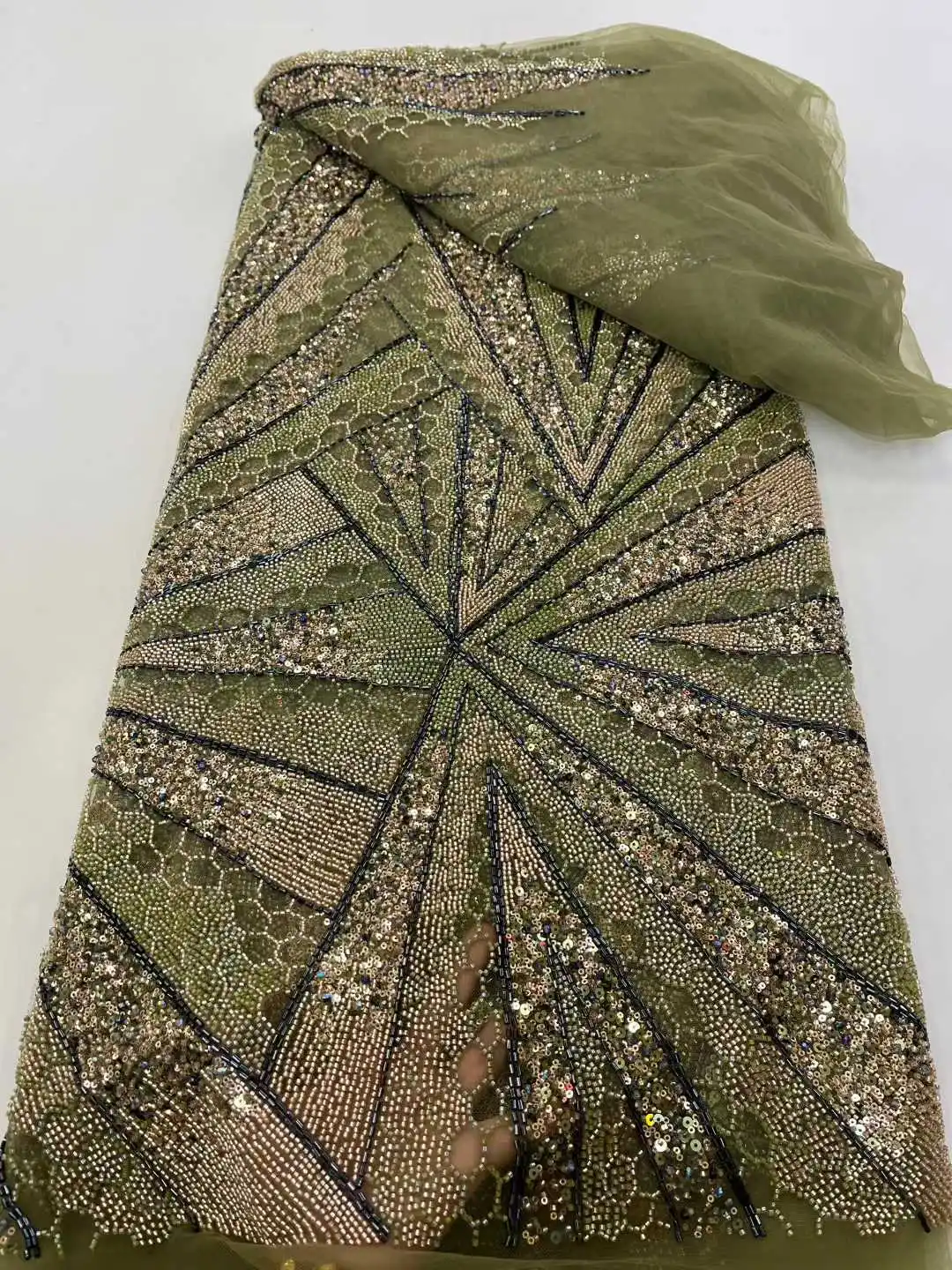 2025 Luxury African Groom Luxury Beaded Tulle Lace Fabric Nigerian Handmade Heavy Sequins Pearls Mesh Lace Fabric Bridal Wedding
