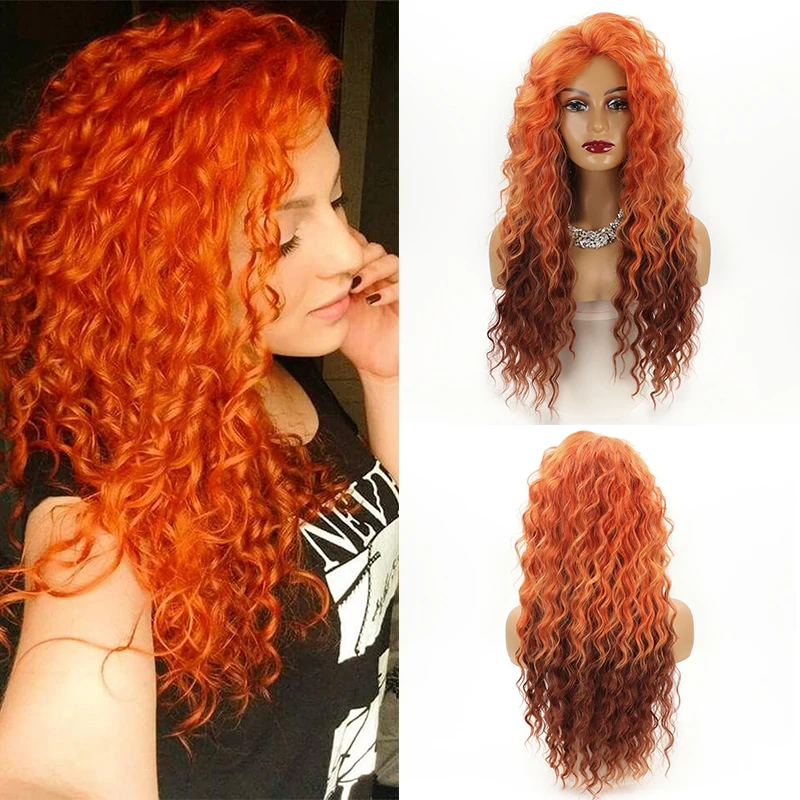 28 Inch Ombre Orange Wig Long Curly Wavy Wigs for Women Free Part Synthetic Deep Curly Puffy Wigs for Daily Cosplay Party