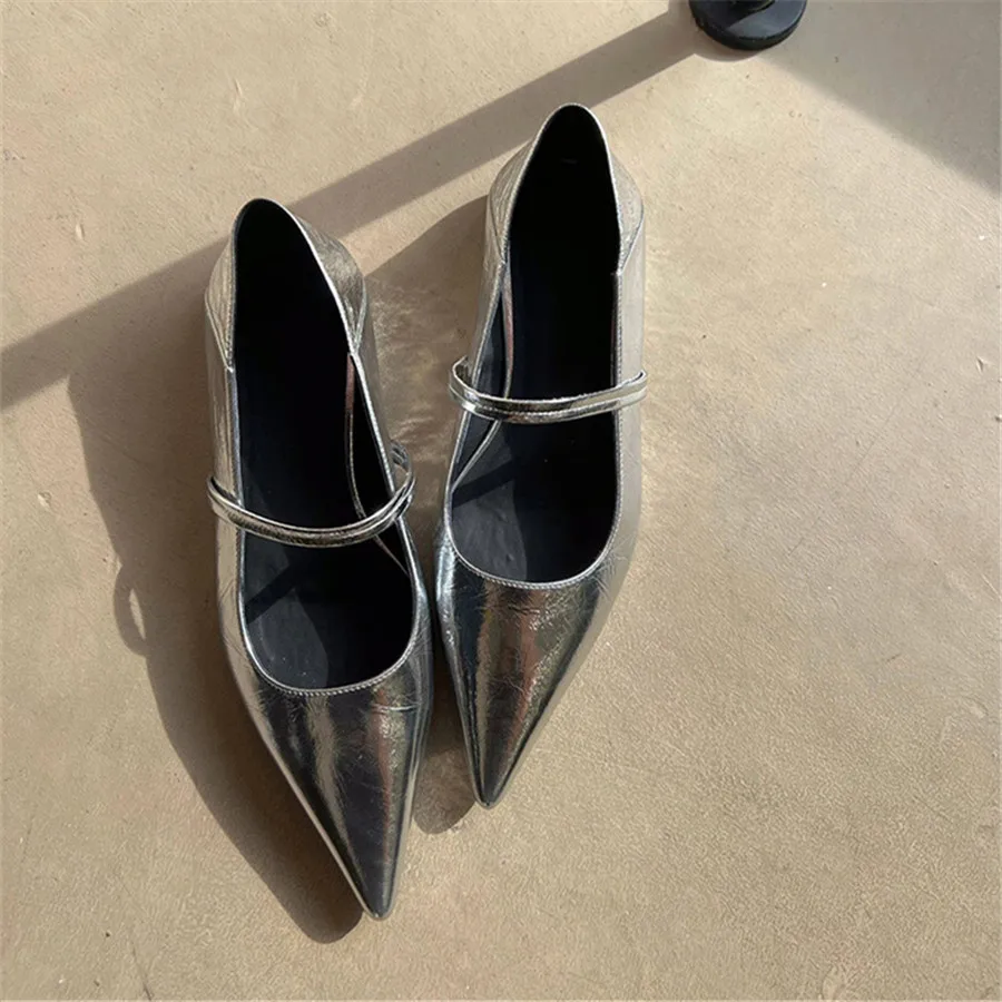 Designer Pointed Toe Women Flats Ladies Elegant Single Shoes Retro Silver Leather Loafers 2024 Fashion Mary Janes Lazy Slippers