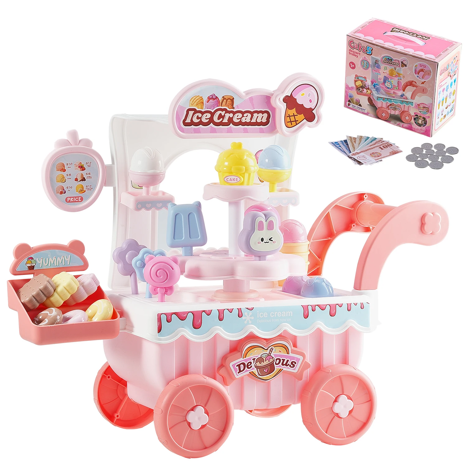 SucceBuy Roze Kinderijskar Fantasiespel Winkel Dolly met Geluid en Lichteffect Montessori Educatief Speelgoed voor Kinderen