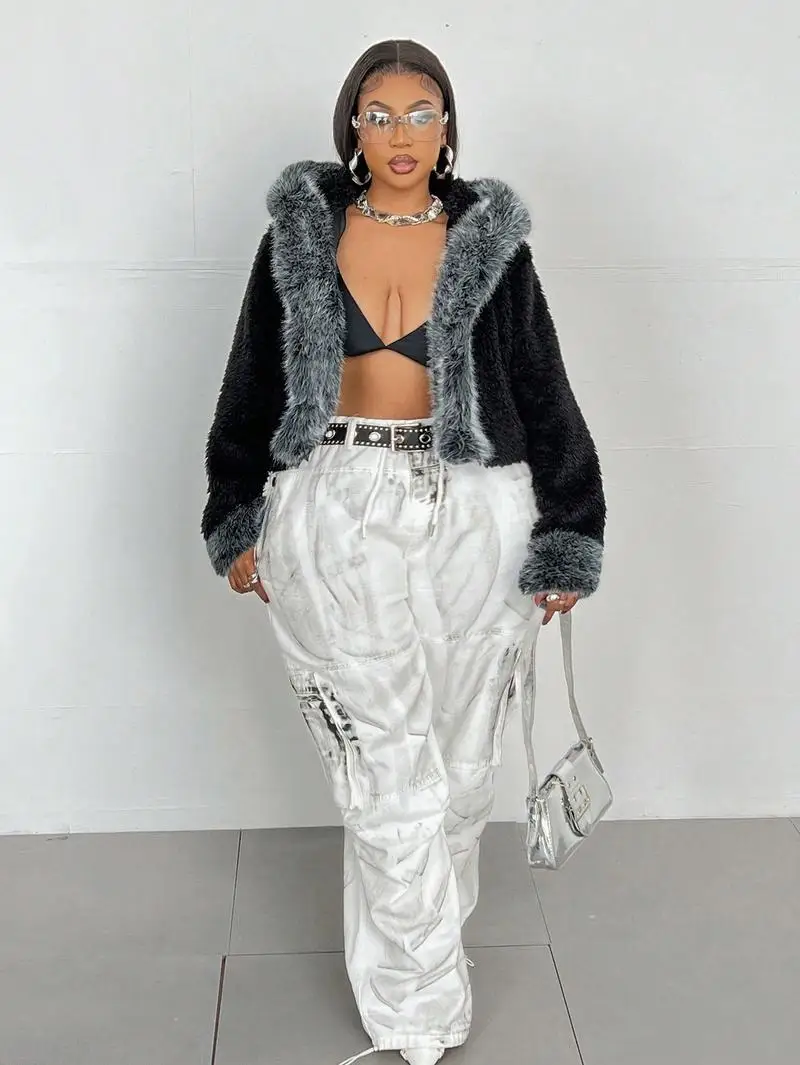 فو الفراء سترة المرأة سترة معطف قصير كم طويل هوديس الصلبة سميكة الدافئة جاكيتات الشارع الشهير أبلى الخريف الشتاء 2026 #6