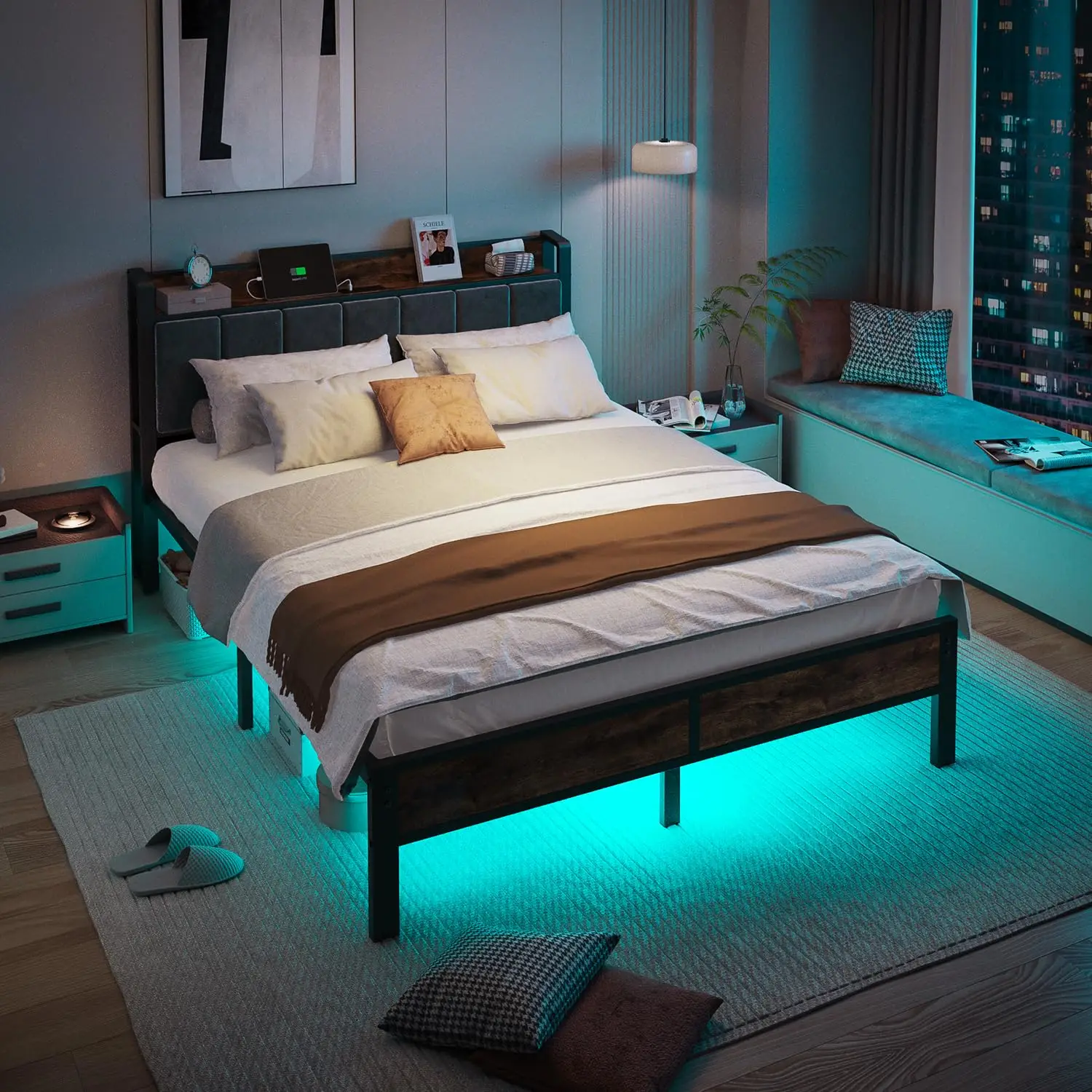 إطار سرير بحجم كوين مع أضواء LED، لوح رأسي منجد مع مساحة تخزين ومحطة شحن، منصة معدنية مع شرائح، بدون صندوق