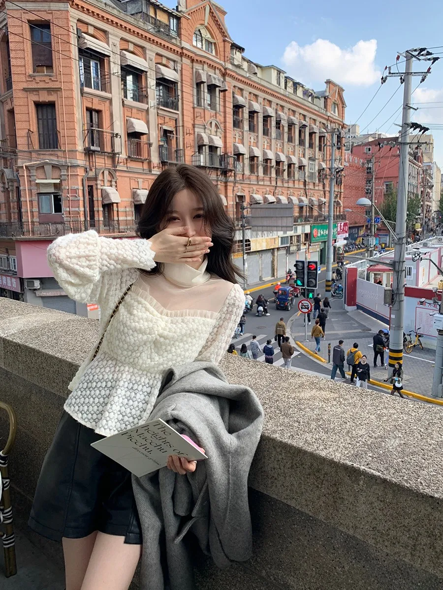 

High Collar Lace Sve Women's Base irt Small Size Autumn Winter Inner Wear Lantern Sve Trendy Faion Korean Sle