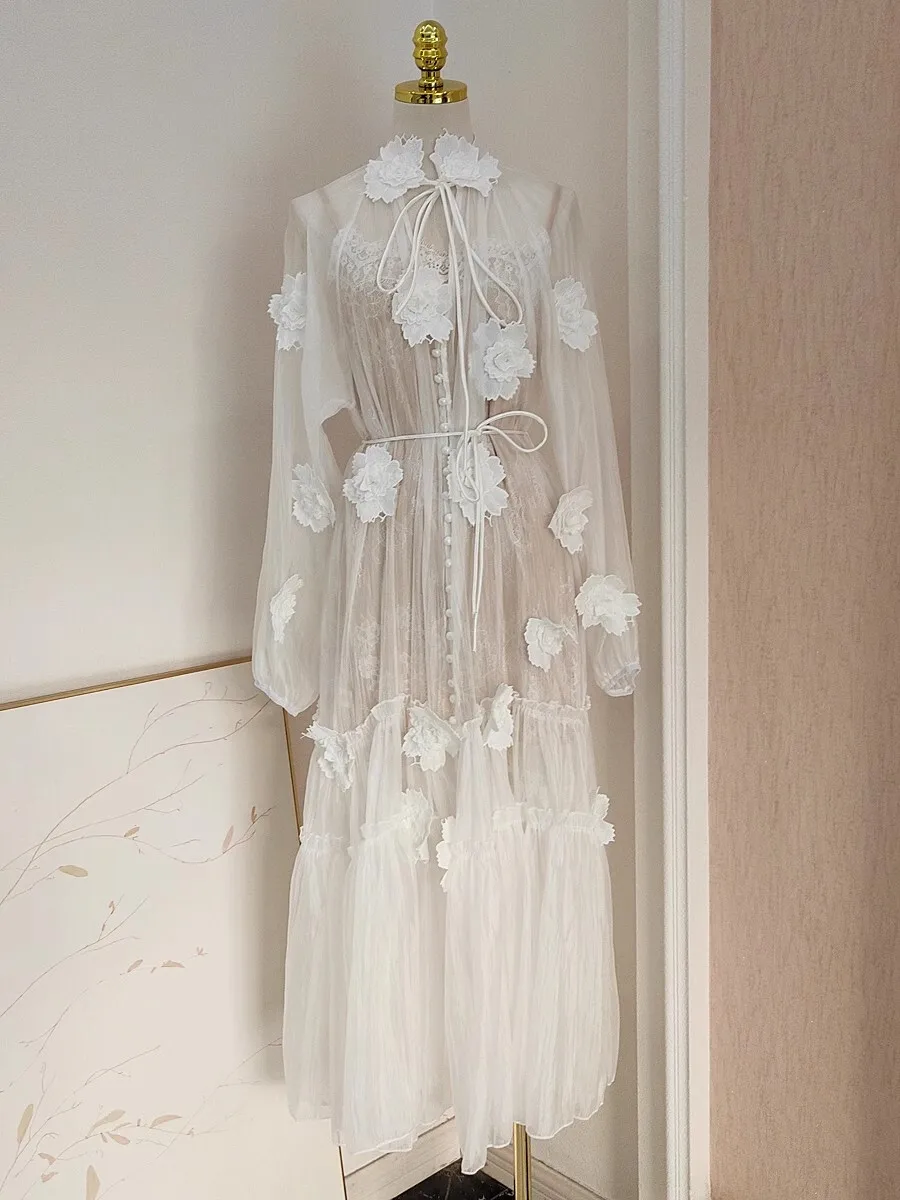 Quality 2025 Spring 3D Flower Embroidery Eyelash Lace Two Piece Set Midi Dresses Women Summer Holiday Evening Party Long Dress