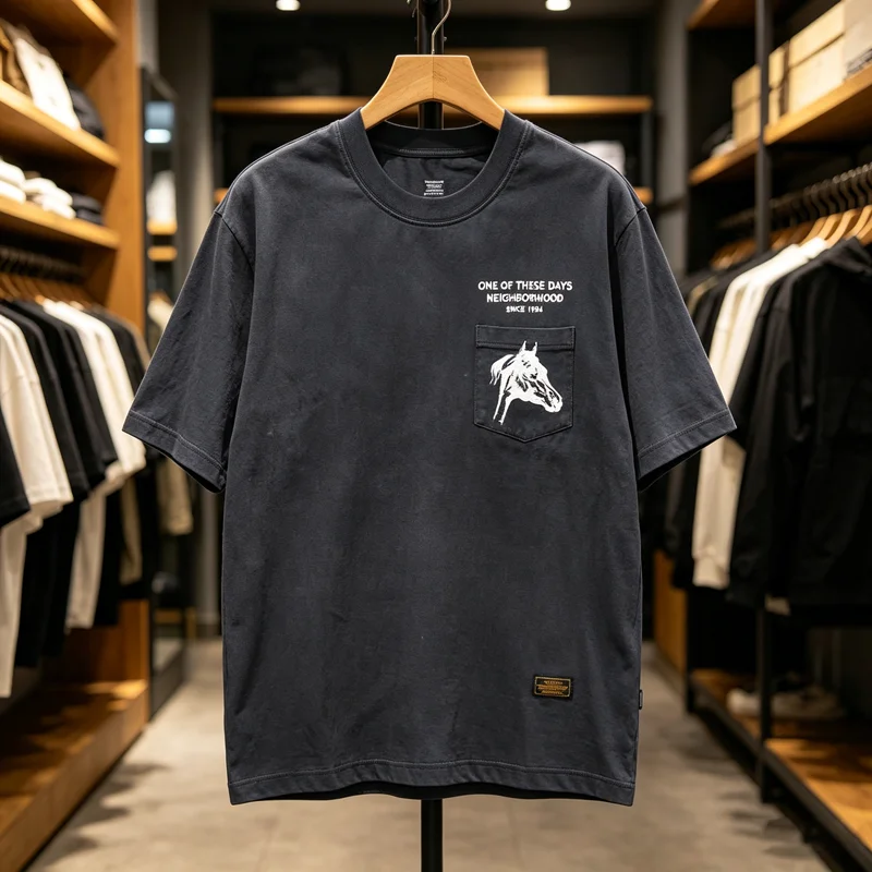 Water Washed NBHD Pockets Horse Head Print T Shirt Hem Patch Label T Ee Japan Men Women High Quality Loose Short Sleeve Tops Tee