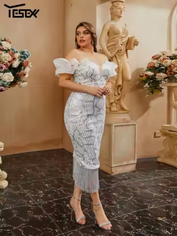 Yesexy Plus Size Elegant Party Dresses For Women 2024 Tassel Midi Sequin Evening Prom Dress