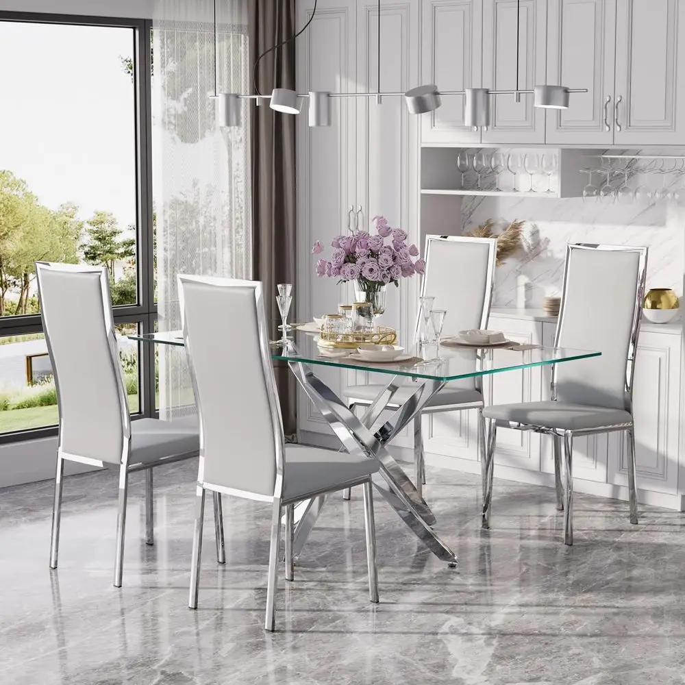 ern Dining Chairs Set o 4 Grey aux Leather with Chrome Silver Metal Legs, Curved High Back Design & Cloud Cushioning, -Century K